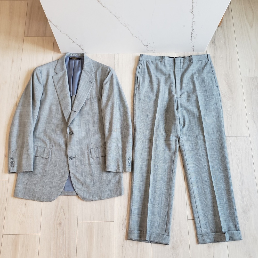 Brooks Brothers Makers Suit Mens 42L 36x31 Gray Wool Glen Plaid 2 Piece Made USA